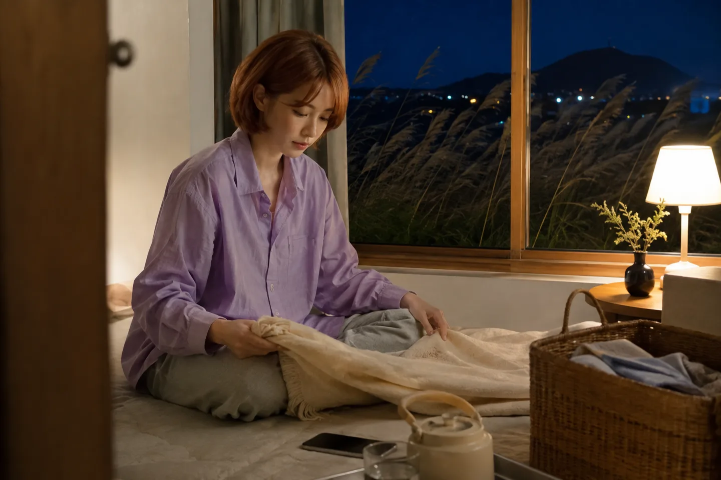 제주 가을 숙소에서 따뜻한 물과 담요를 준비하는 구리색 단발머리의 20대 여성