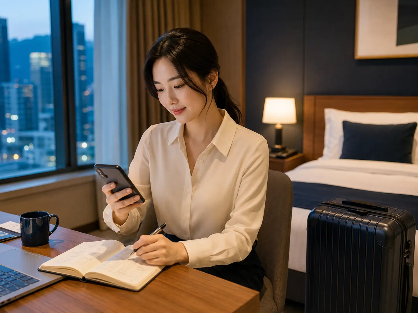 출장 숙소에서 마사지 상담 정보를 스마트폰과 메모로 정리하는 성인 여성