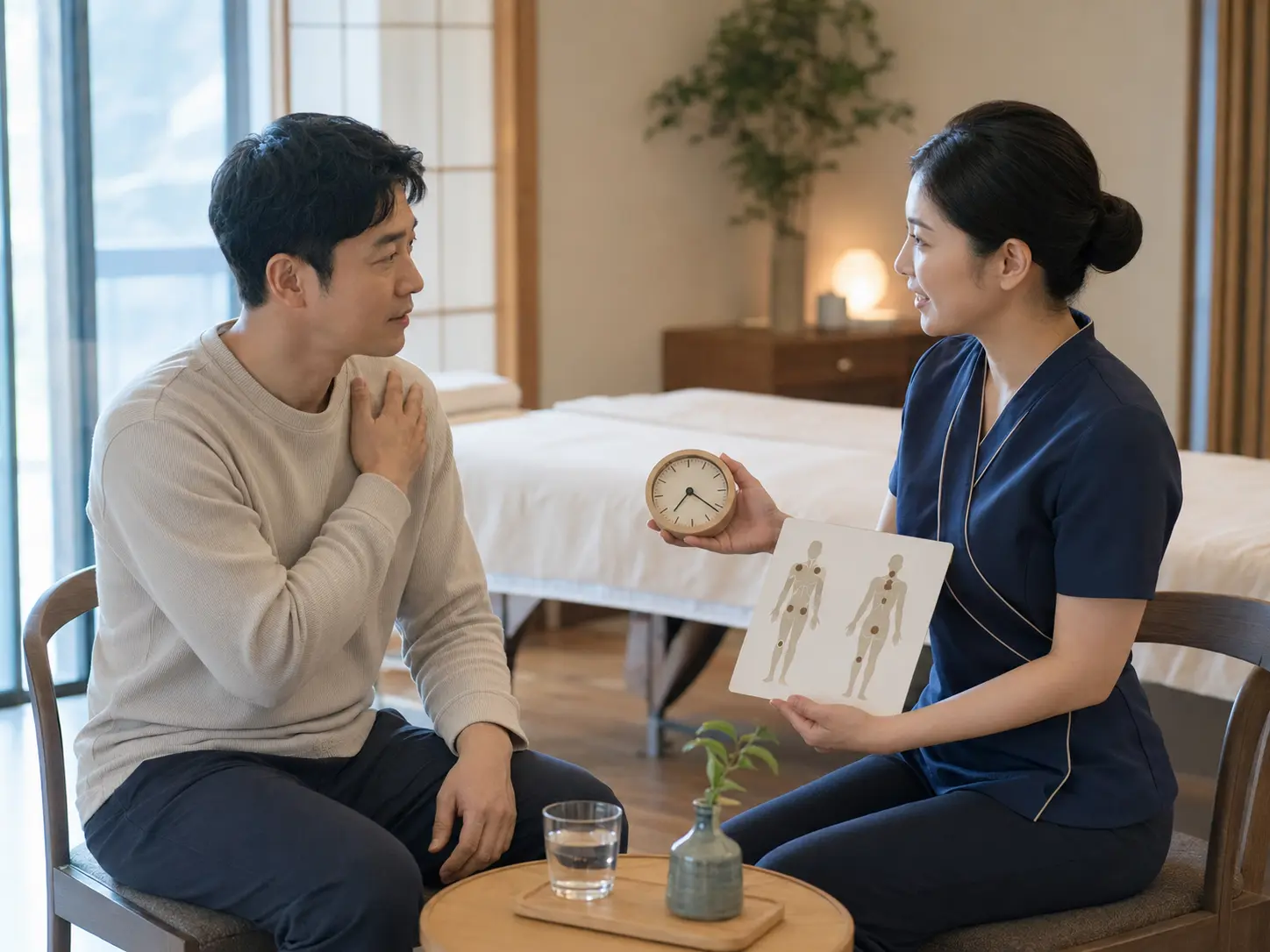 마사지 전 이용 시간과 원하는 압, 집중 부위를 상담하는 모습