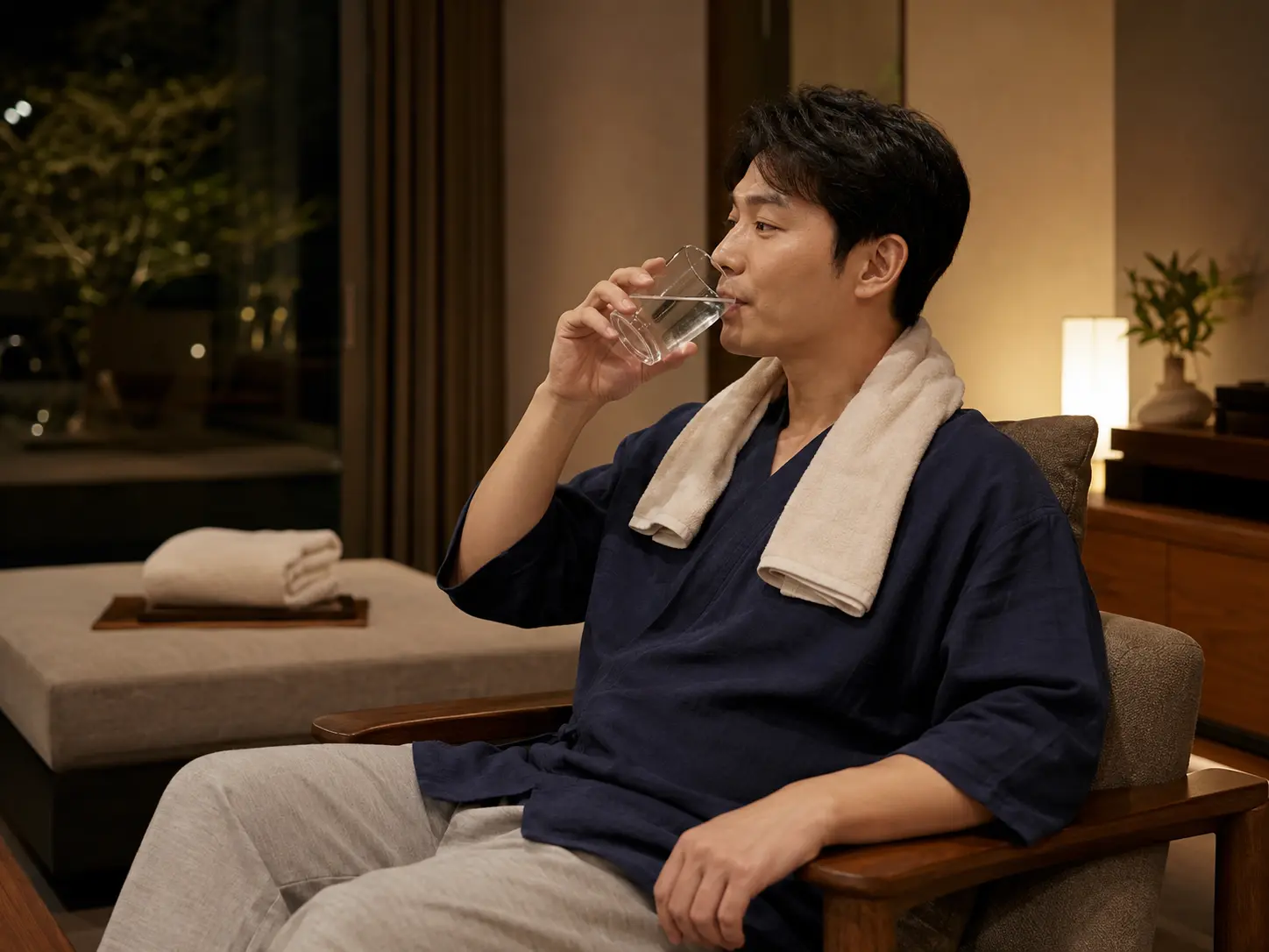 마사지 후 물을 마시며 편안하게 휴식하는 성인 남성