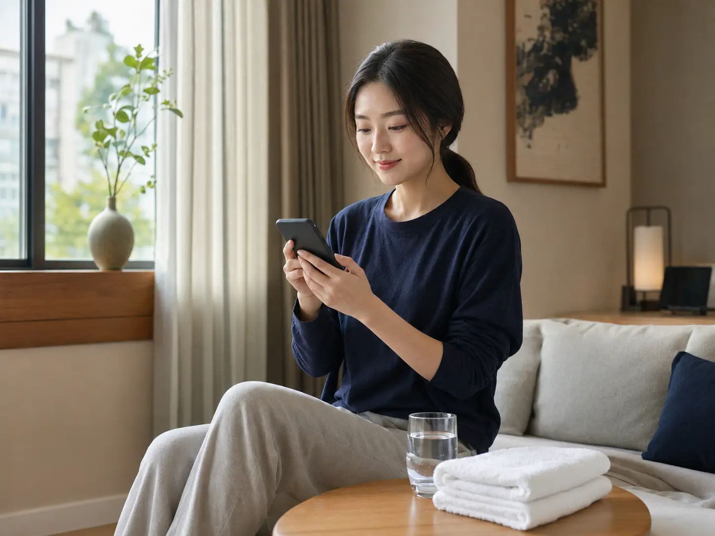 마사지 전 물과 수건을 준비하고 상담 내용을 확인하는 성인 여성