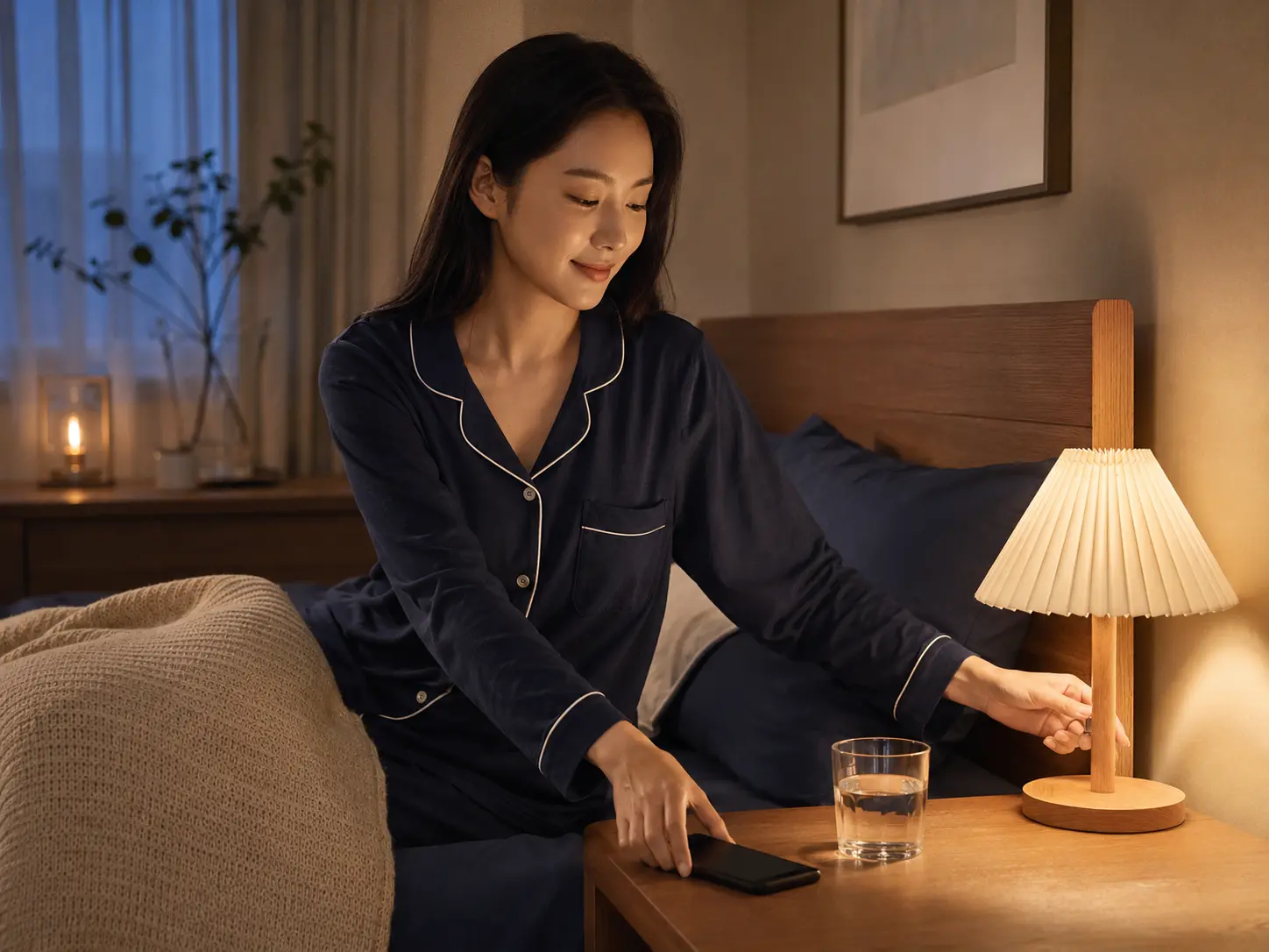 잠들기 전 휴대폰을 내려놓고 조명을 낮추는 성인 여성