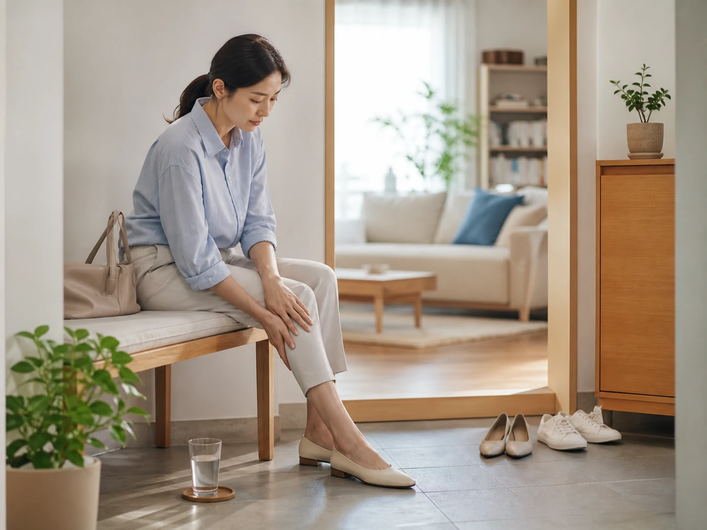오래 서서 일한 뒤 현관 벤치에 앉아 다리를 편하게 쉬는 성인 여성