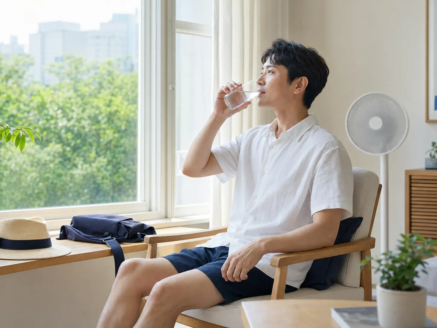 더운 날 외출 후 실내에서 물을 마시며 쉬는 성인 남성
