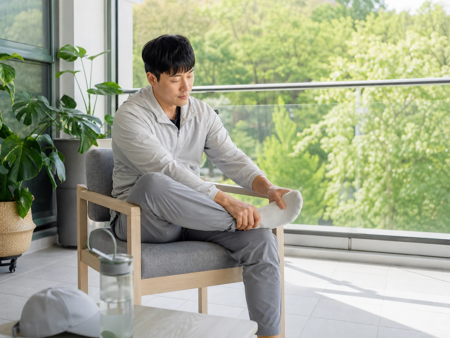 주말에 오래 걸은 뒤 밝은 휴식 공간에서 발목을 가볍게 움직이는 성인 남성