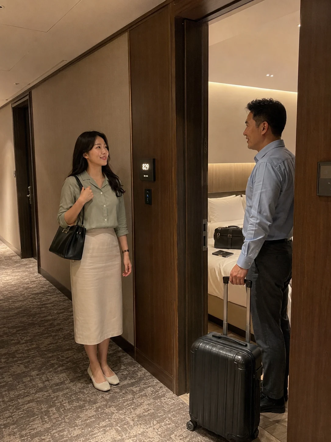 중구출장마사지 | K초이스24 - 영종도·운서동 오피스텔 입구에서 일정과 출입 동선을 확인하는 장면