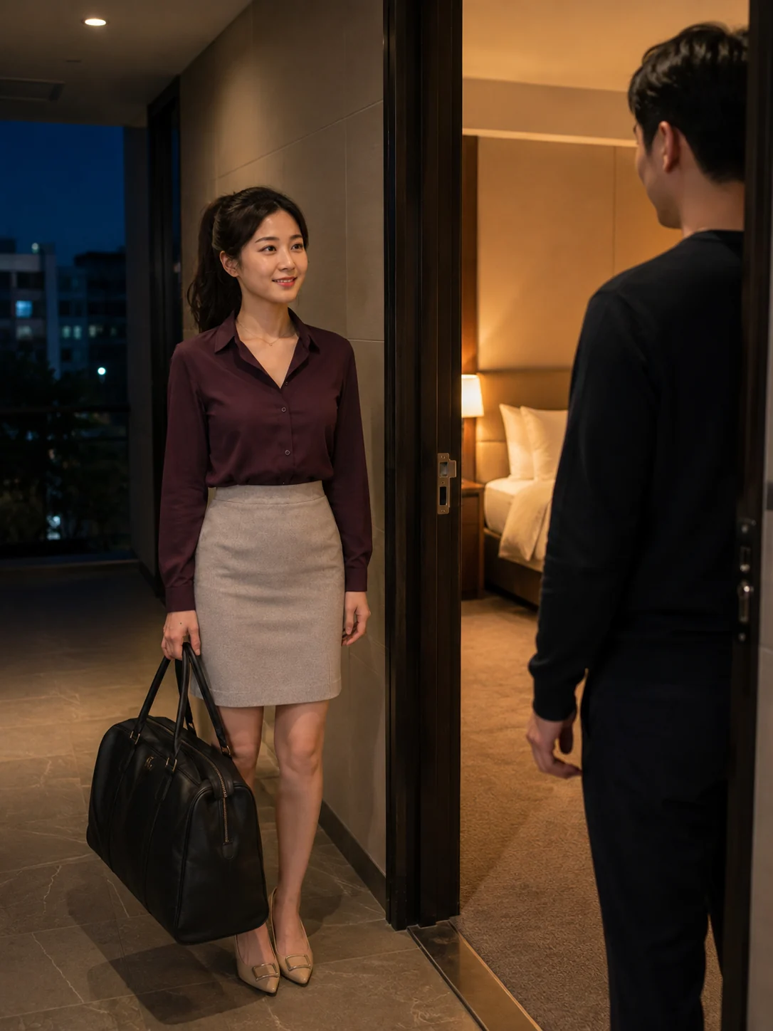 수성구출장마사지 | K초이스24 - 범어동 인근 비즈니스호텔 입구에서 일정과 출입 동선을 확인하는 장면