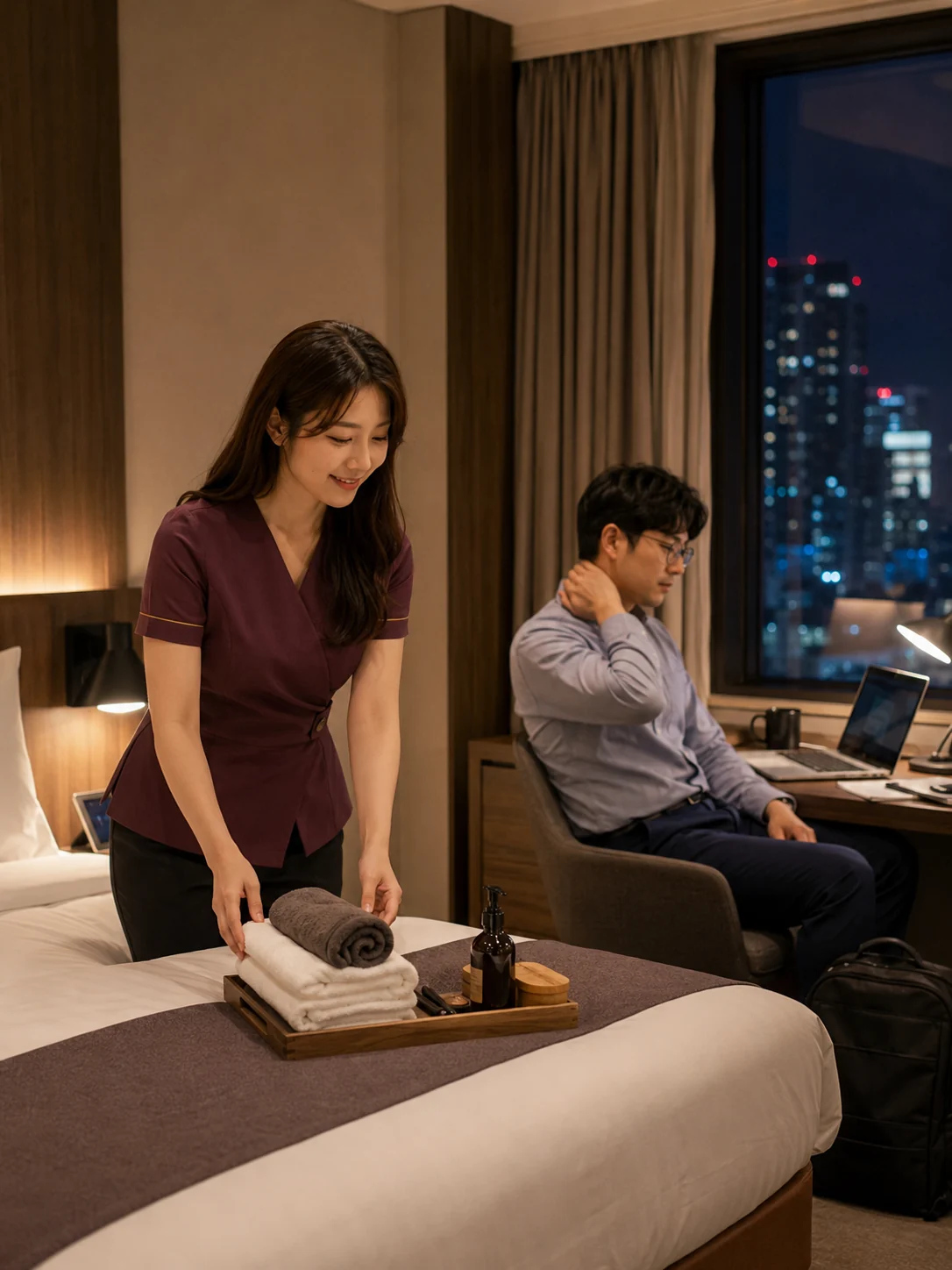 유성구출장마사지 | K초이스24 - 유성온천·봉명동 아파트 안에서 관리 전 공간과 용품을 준비하는 장면