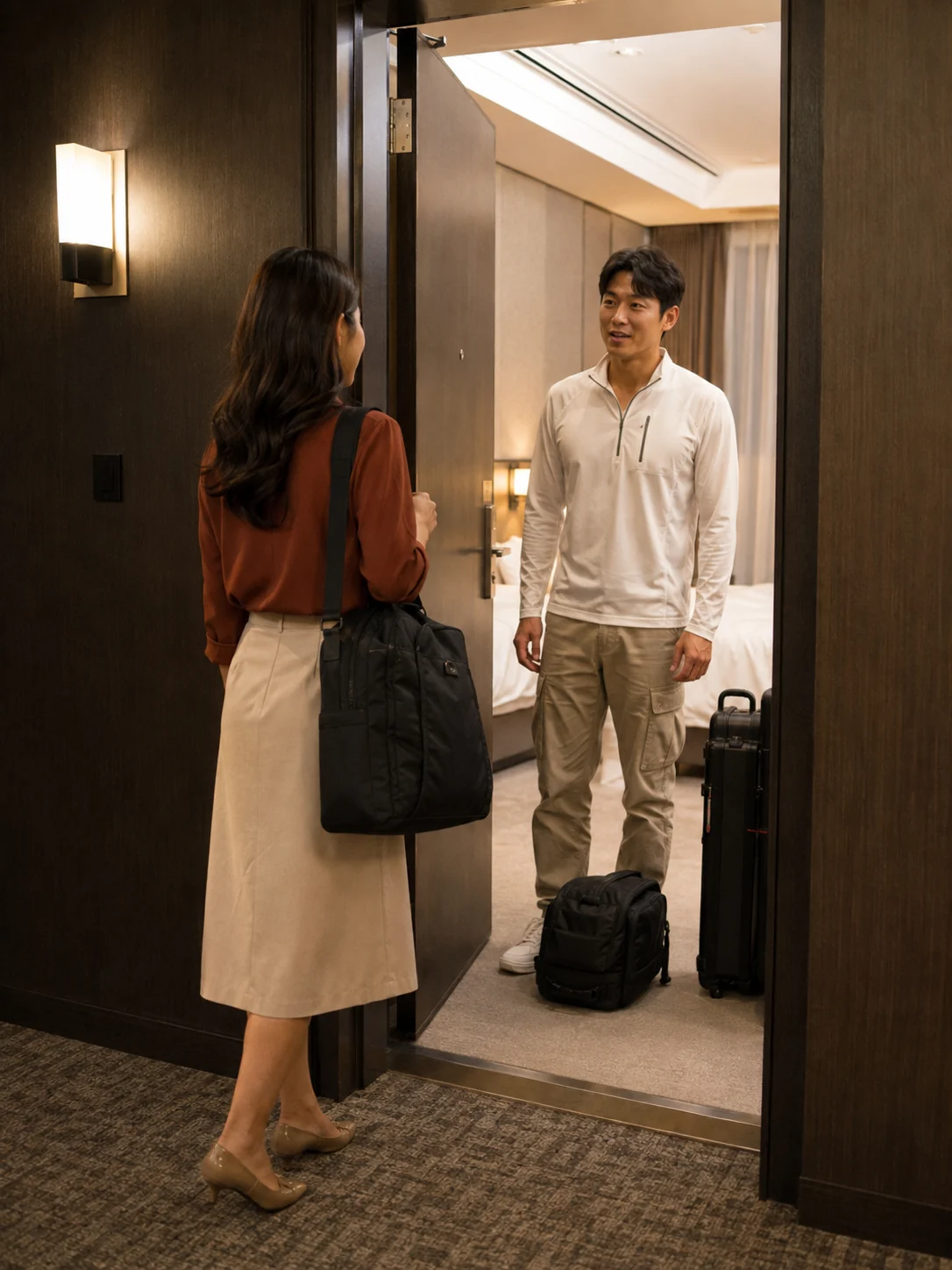 강릉출장마사지 | K초이스24 - 교동·경포 인근 일반호텔 입구에서 일정과 출입 동선을 확인하는 장면
