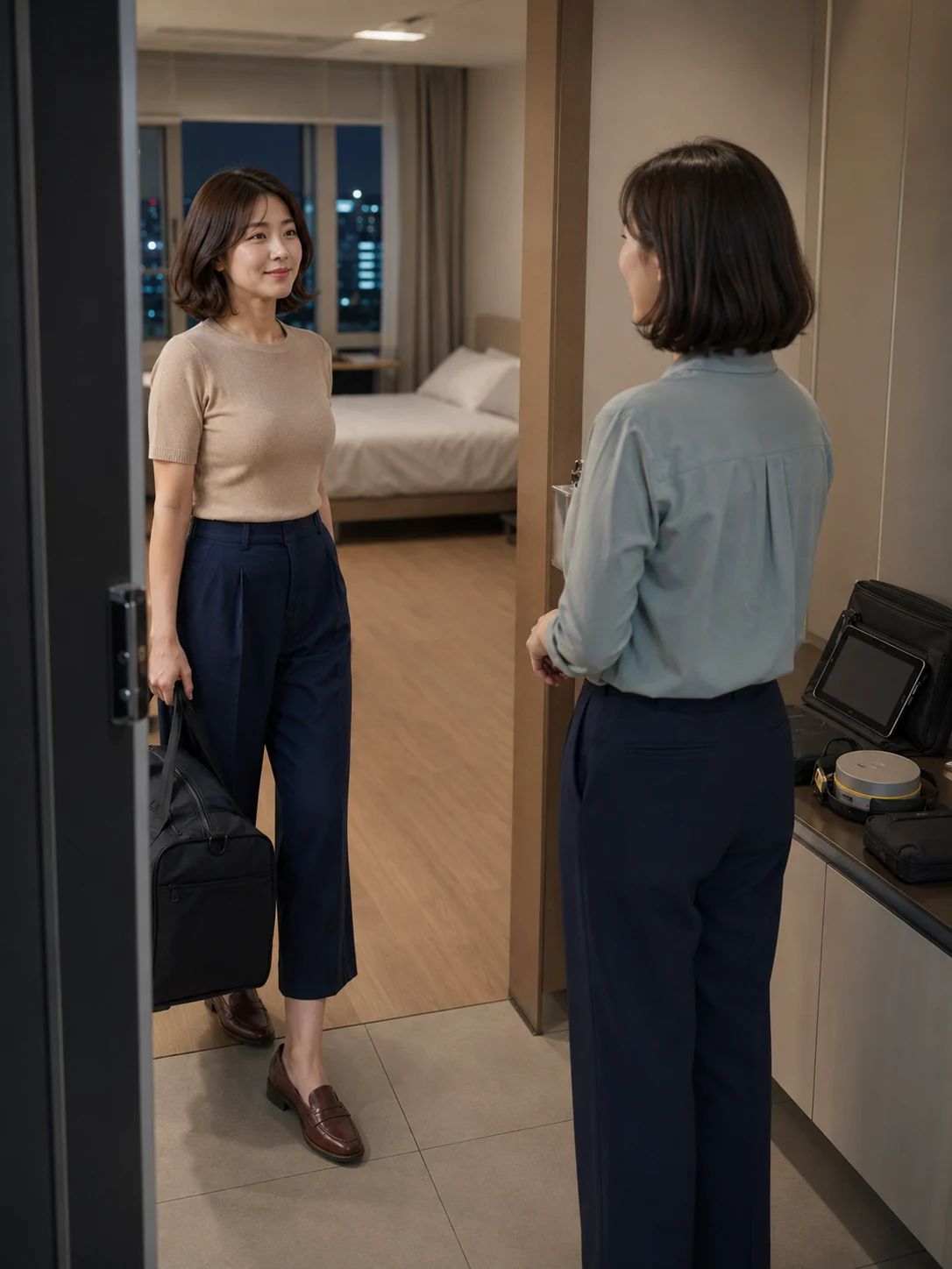달성군출장마사지 | K초이스24 - 현풍읍·대구국가산업단지 오피스텔 입구에서 일정과 출입 동선을 확인하는 장면
