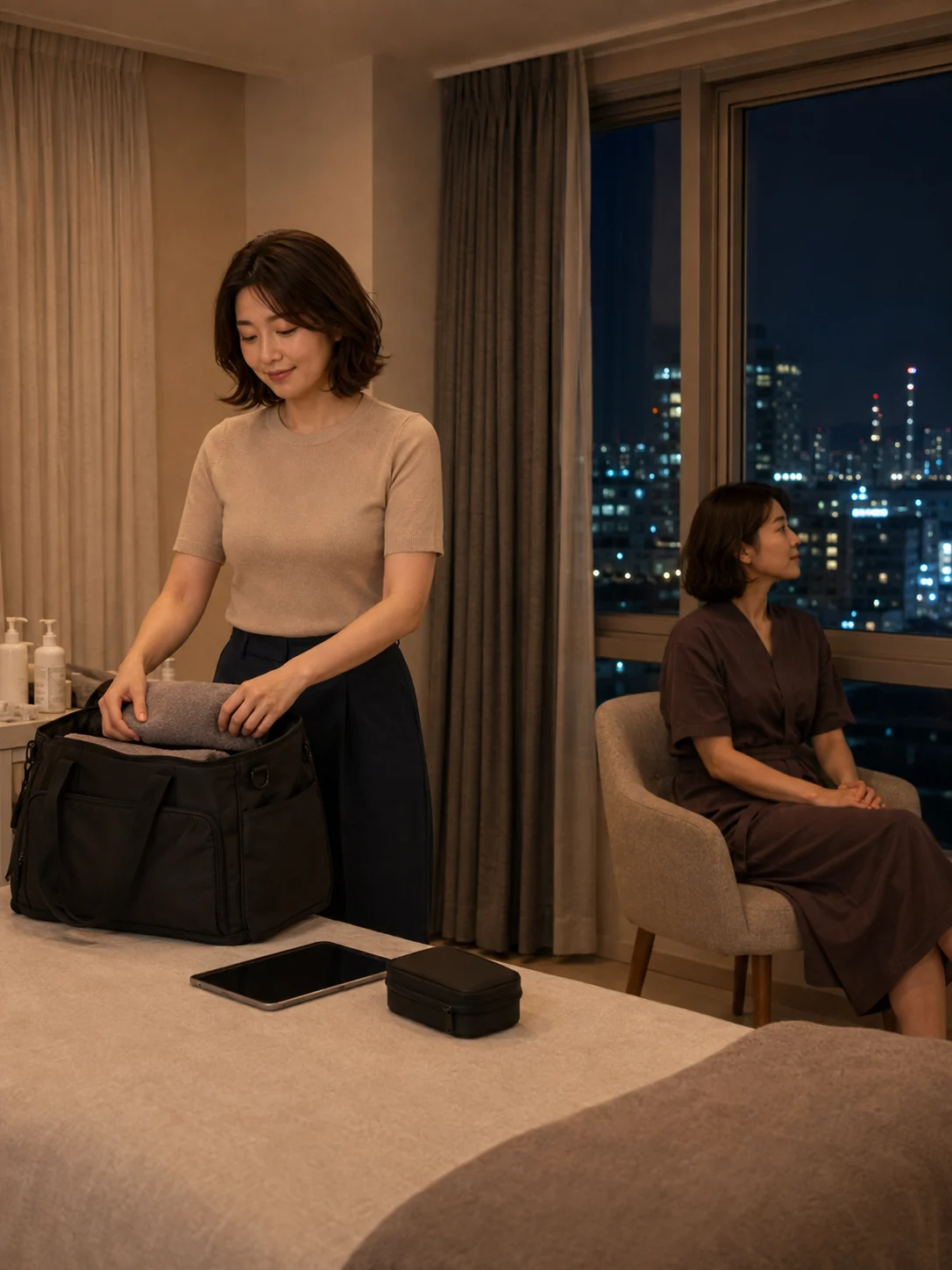 달성군출장마사지 | K초이스24 - 일정을 마치고 객실에서 조용히 쉬는 마무리 장면