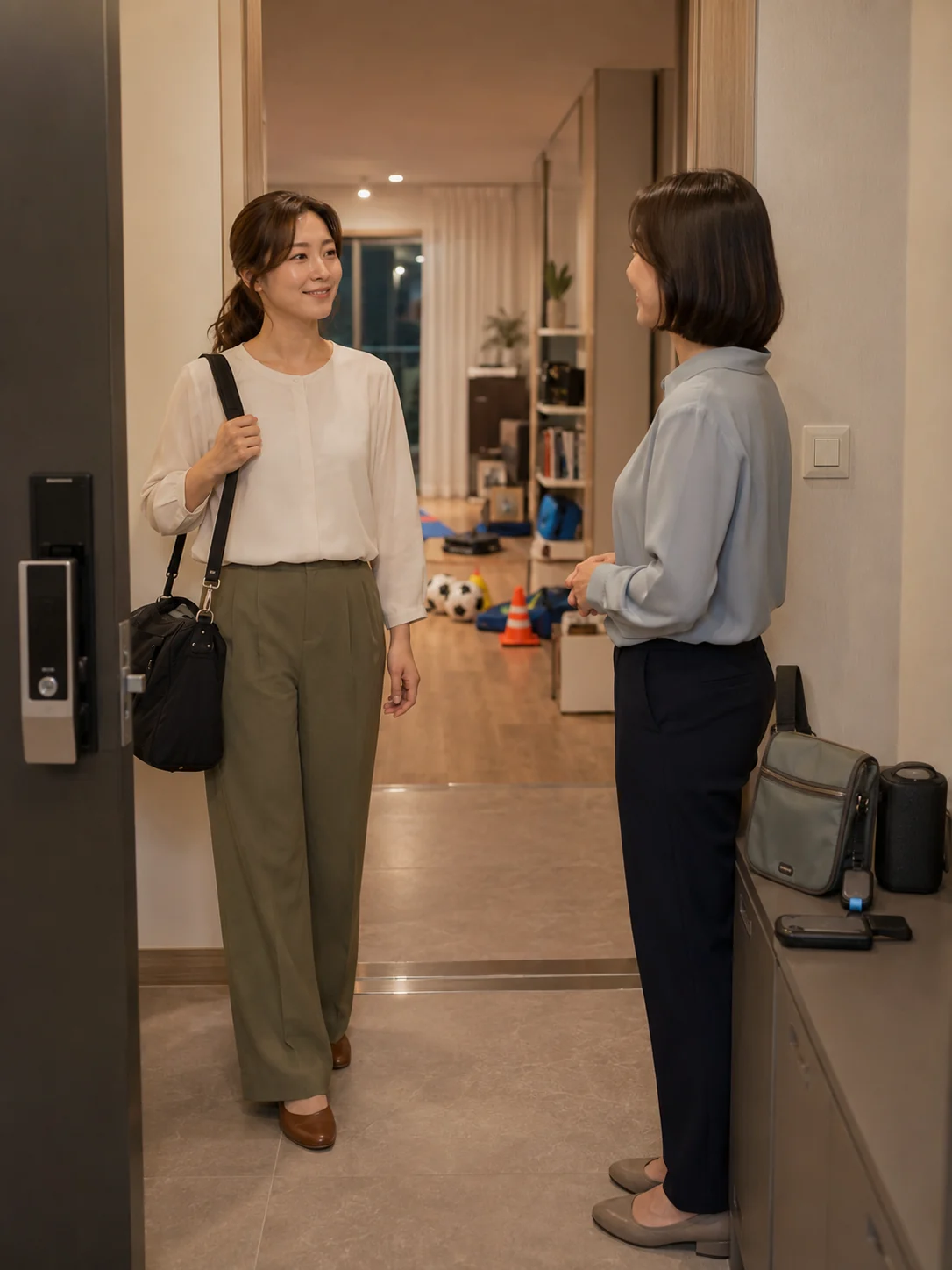 진천출장마사지 | K초이스24 - 덕산읍·국가대표선수촌 아파트 입구에서 일정과 출입 동선을 확인하는 장면