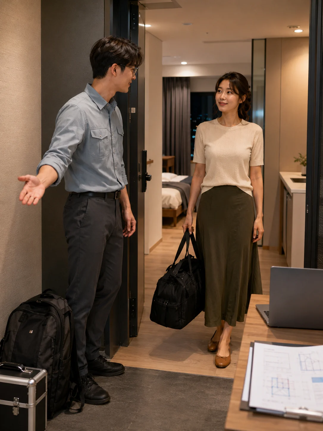 금천출장마사지 | K초이스24 - 가산동·G밸리 오피스텔 입구에서 일정과 출입 동선을 확인하는 장면