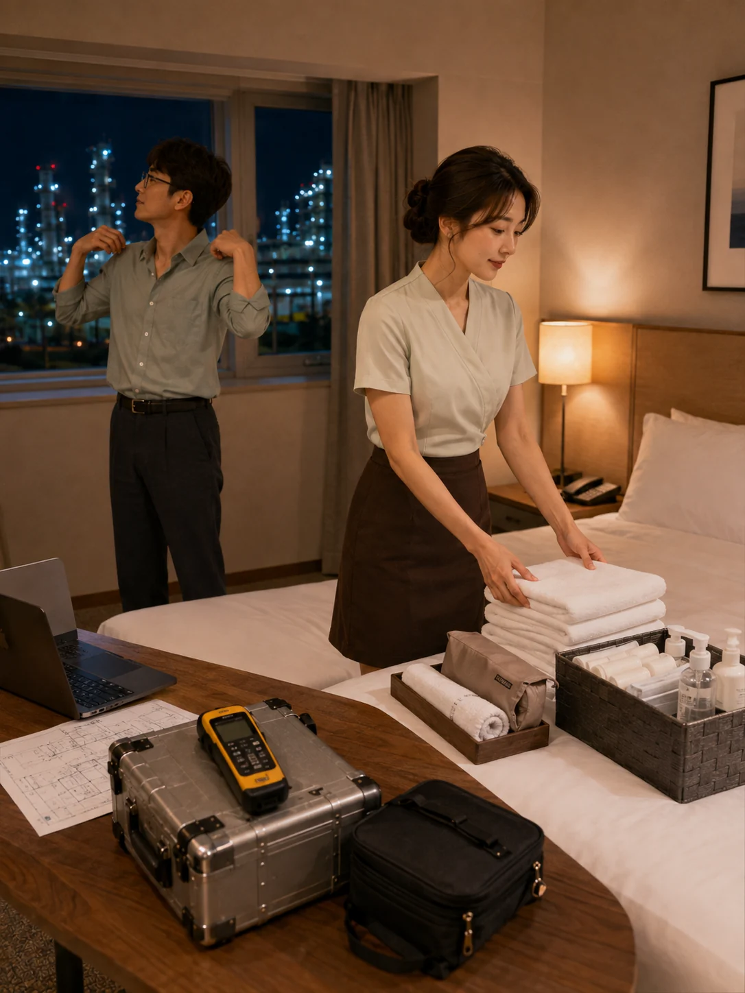 광산구출장마사지 | K초이스24 - 하남동·빛그린산업단지 인근 비즈니스호텔 안에서 관리 전 공간과 용품을 준비하는 장면