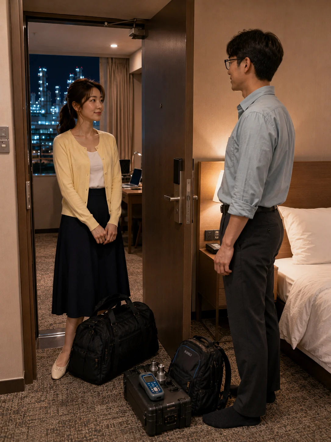 제천출장마사지 | K초이스24 - 청전동·제천바이오밸리 인근 일반호텔 입구에서 일정과 출입 동선을 확인하는 장면
