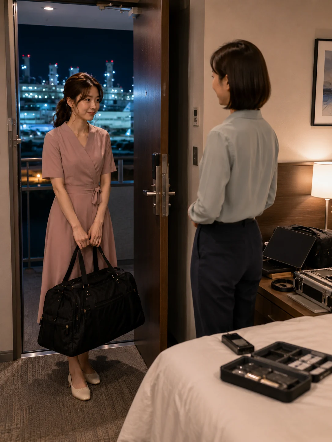 사천출장마사지 | K초이스24 - 사천읍·항공우주산업단지 인근 비즈니스호텔 입구에서 일정과 출입 동선을 확인하는 장면