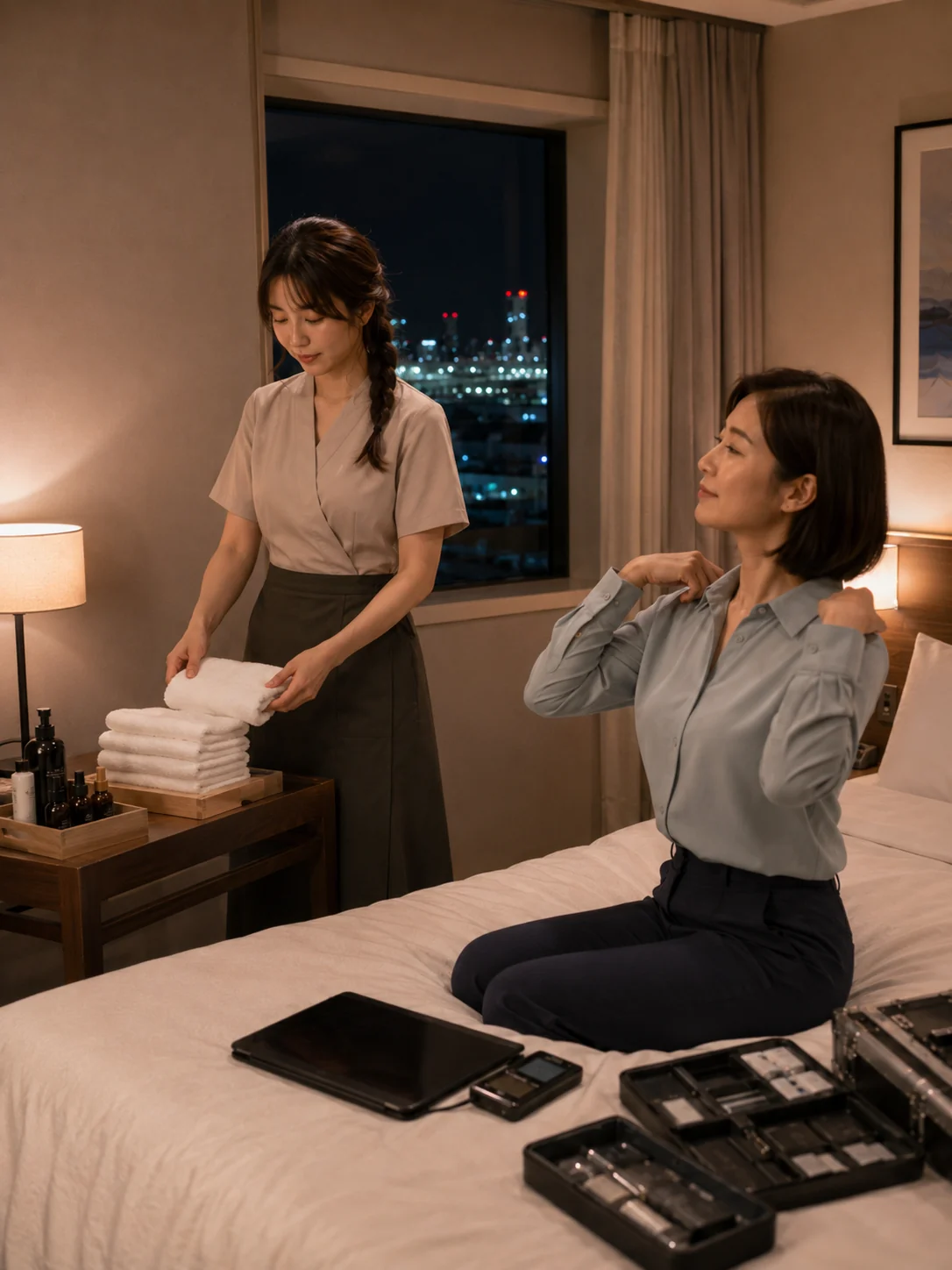 사천출장마사지 | K초이스24 - 사천읍·항공우주산업단지 인근 비즈니스호텔 안에서 관리 전 공간과 용품을 준비하는 장면