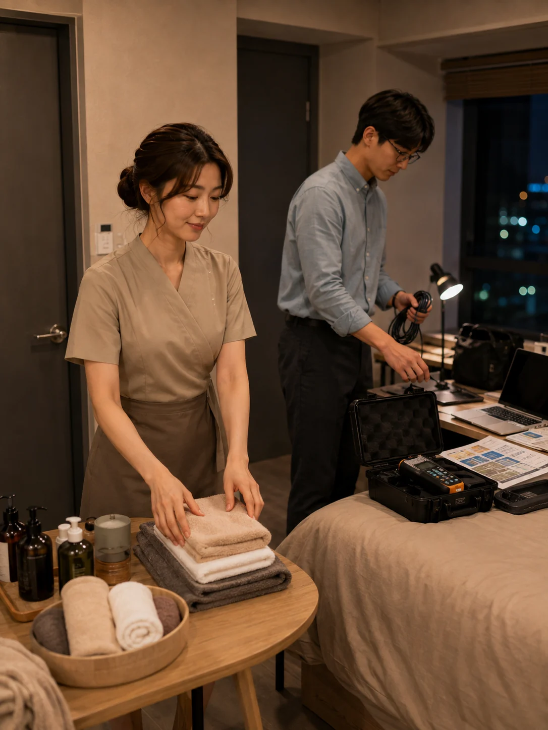 정읍출장마사지 | K초이스24 - 수성동·첨단과학산업단지 오피스텔 안에서 관리 전 공간과 용품을 준비하는 장면
