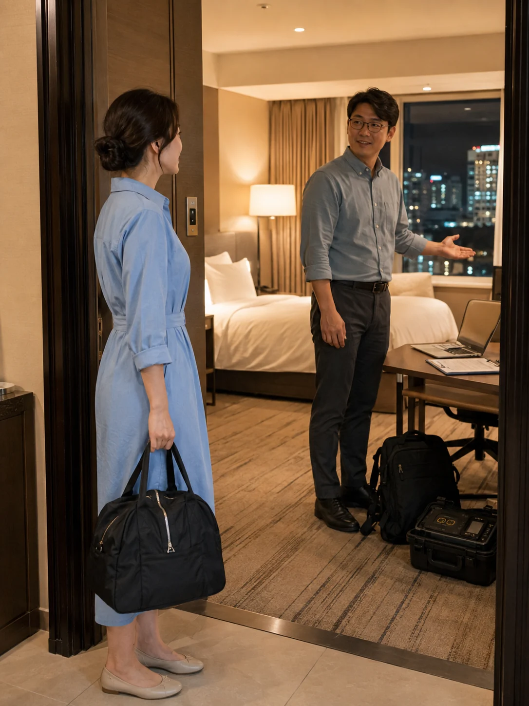 해운대구출장마사지 | K초이스24 - 우동·센텀시티 인근 비즈니스호텔 입구에서 일정과 출입 동선을 확인하는 장면