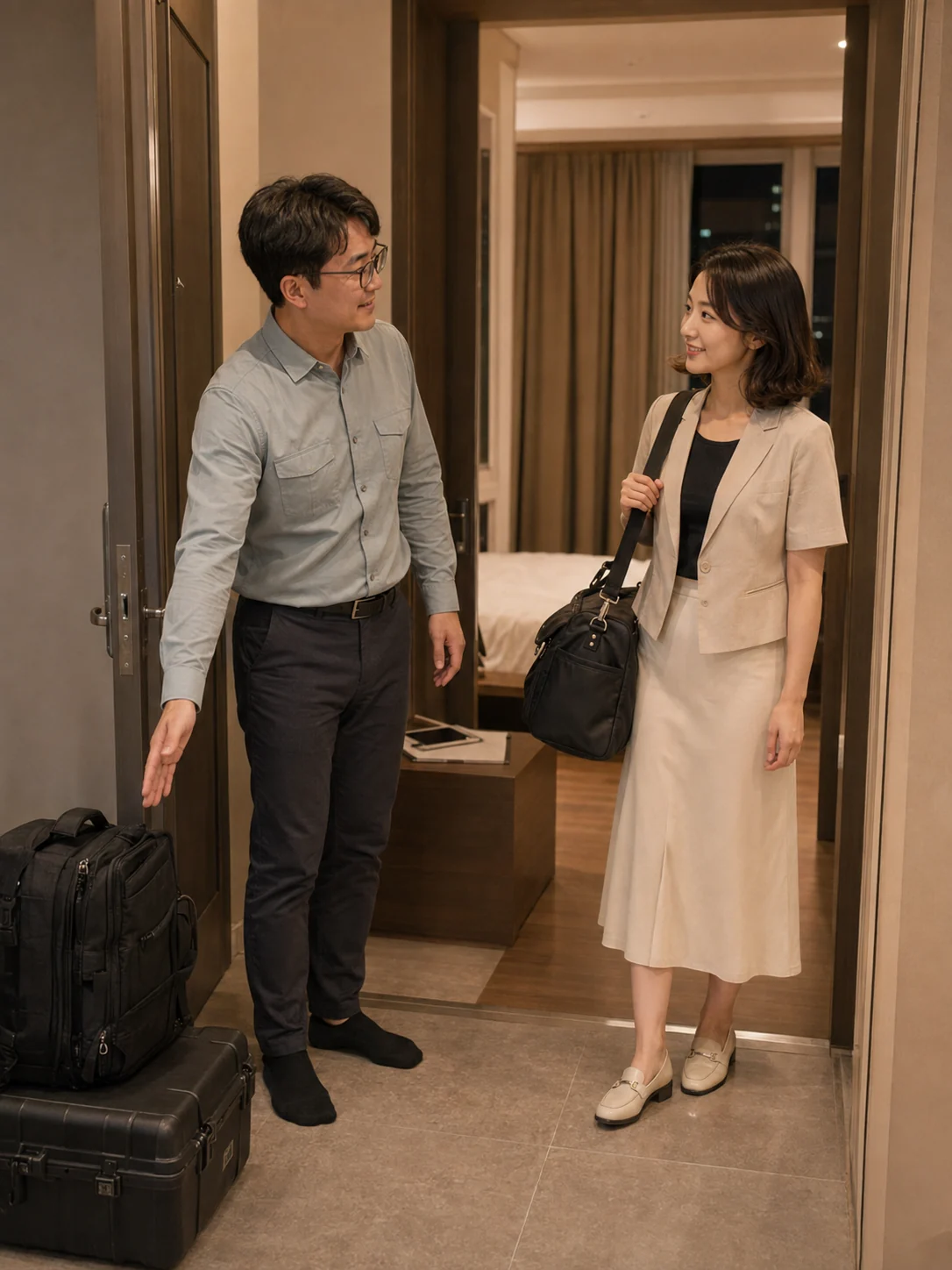 서산출장마사지 | K초이스24 - 예천동·대산석유화학단지 오피스텔 입구에서 일정과 출입 동선을 확인하는 장면