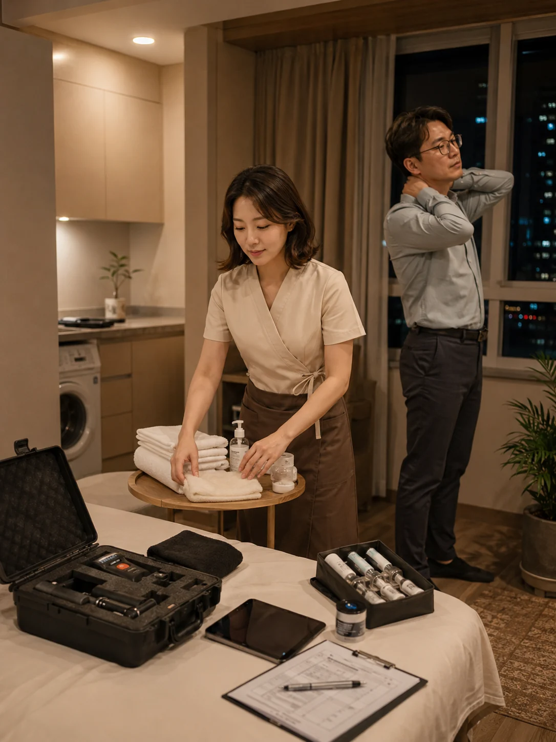 서산출장마사지 | K초이스24 - 예천동·대산석유화학단지 오피스텔 안에서 관리 전 공간과 용품을 준비하는 장면