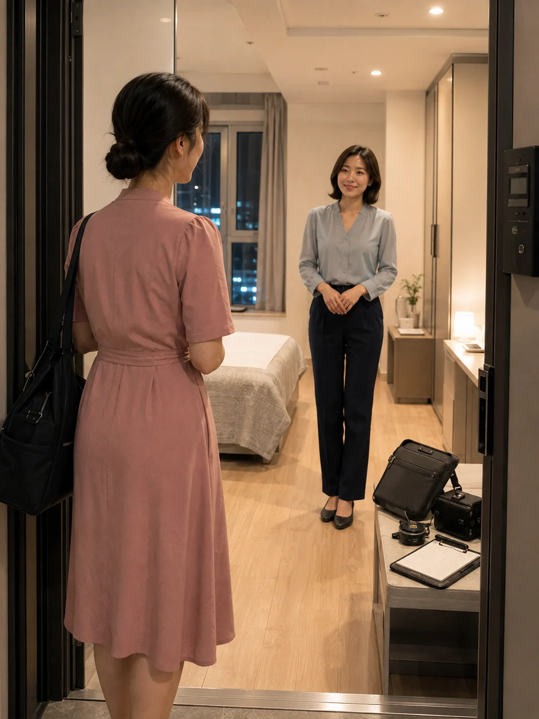 북구출장마사지 | K초이스24 - 산격동·엑스코 오피스텔 입구에서 일정과 출입 동선을 확인하는 장면