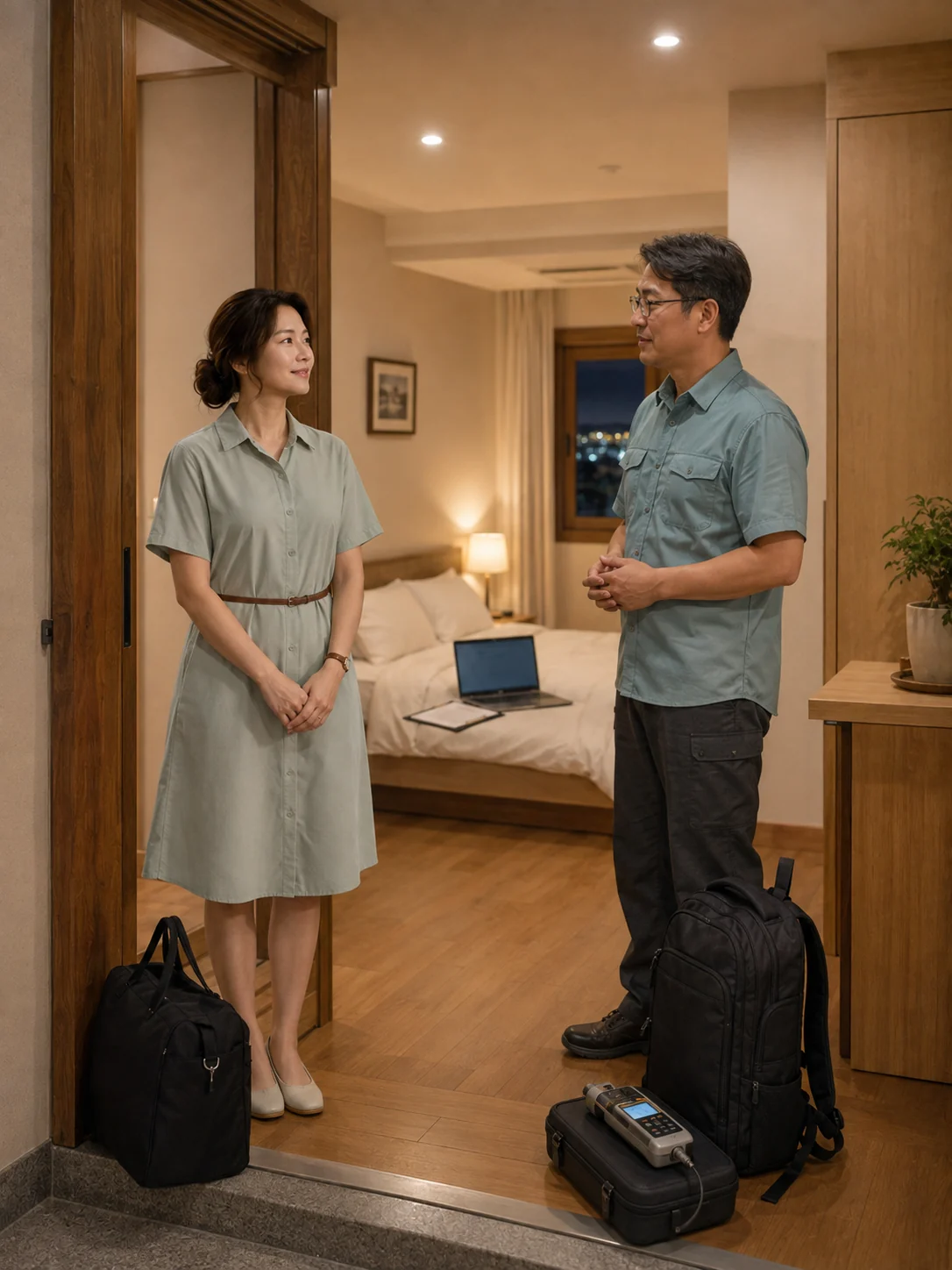 경주출장마사지 | K초이스24 - 황성동·보문관광단지 생활권 레지던스 입구에서 일정과 출입 동선을 확인하는 장면