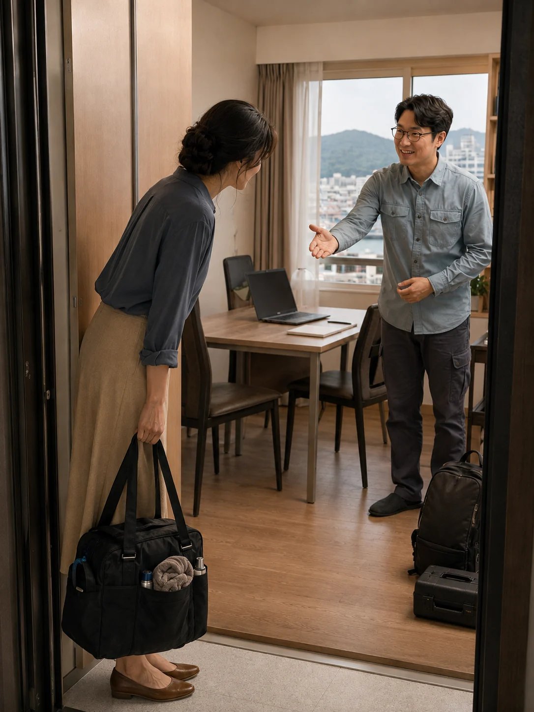 목포출장마사지 | K초이스24 - 상동·목포신항 생활권 레지던스 입구에서 일정과 출입 동선을 확인하는 장면