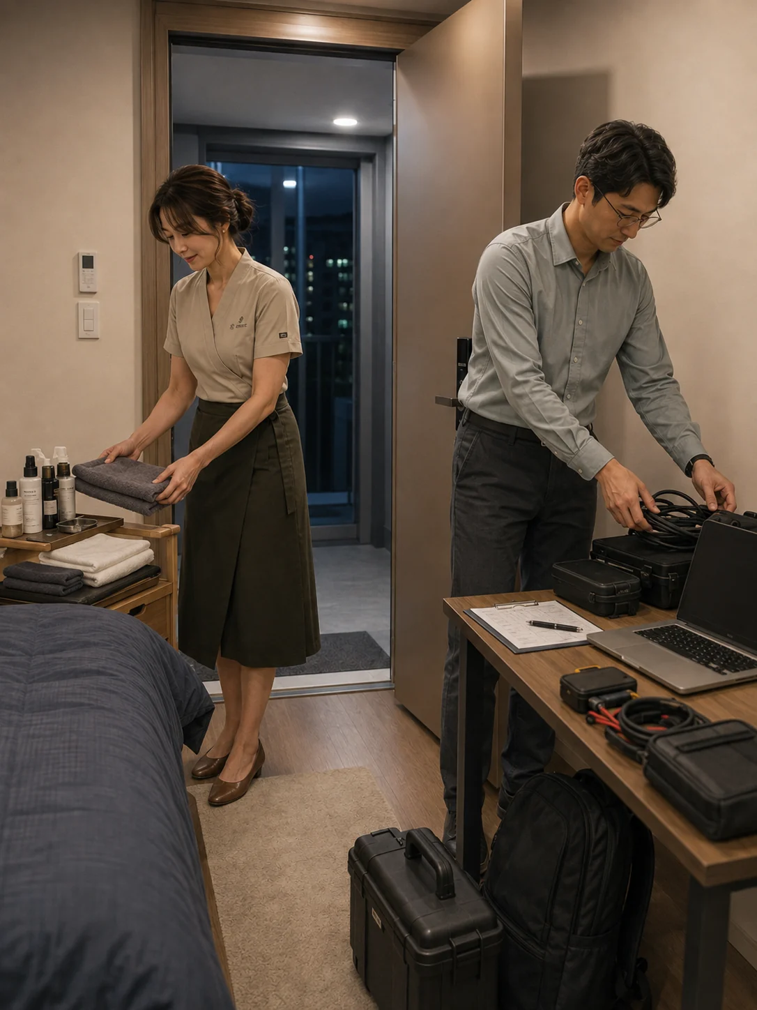 목포출장마사지 | K초이스24 - 상동·목포신항 생활권 레지던스 안에서 관리 전 공간과 용품을 준비하는 장면