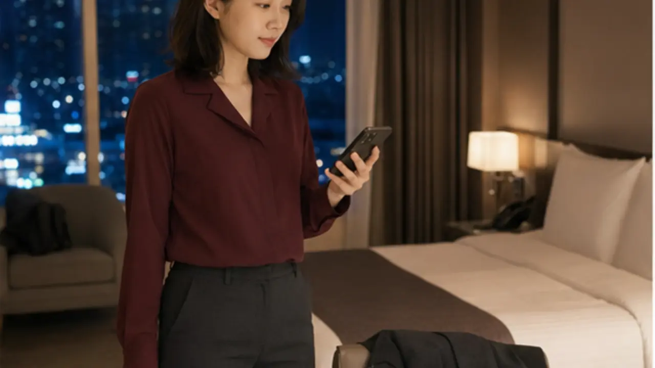 유성 호텔 객실에 도착해 재킷과 회의 자료를 내려놓고 상담 메시지를 확인하는 로컬 에디터 서하