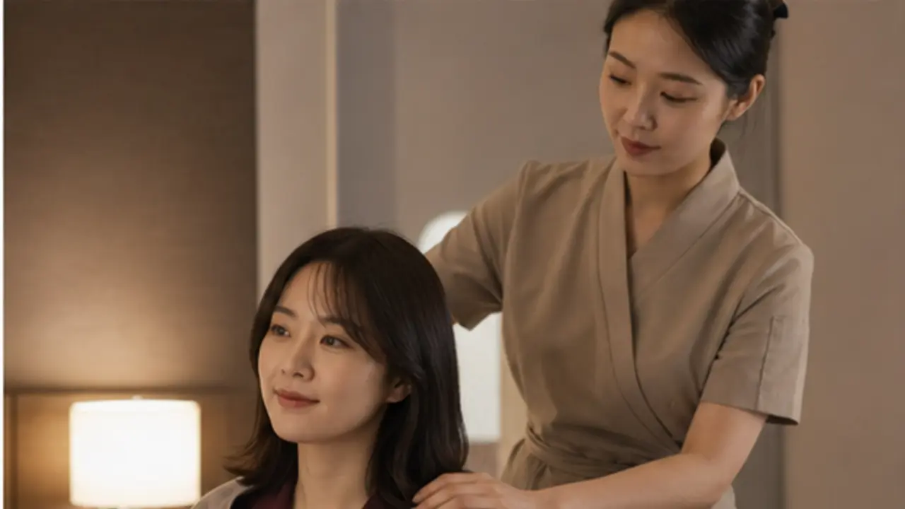 유성 호텔 객실에서 같은 여성 관리사에게 어깨와 등 관리를 받는 로컬 에디터 서하
