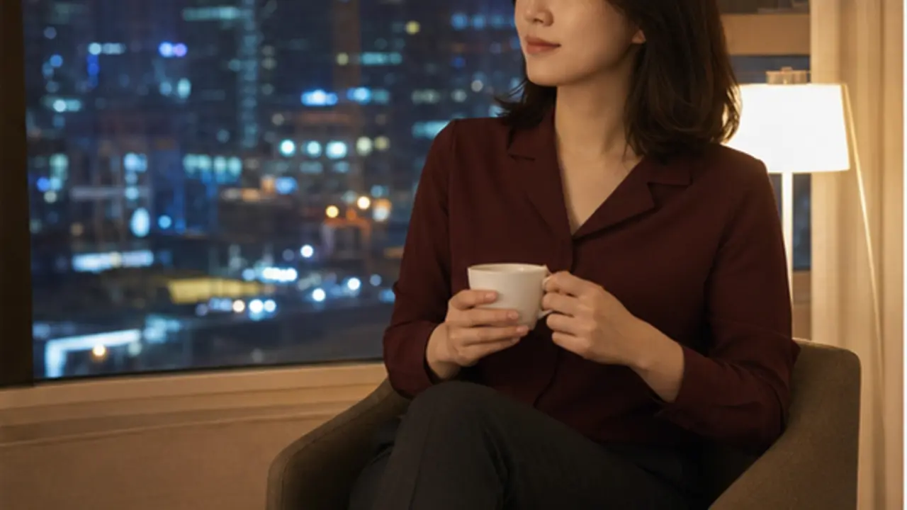 대전 야경이 보이는 유성 호텔 창가에서 따뜻한 차를 마시는 로컬 에디터 서하