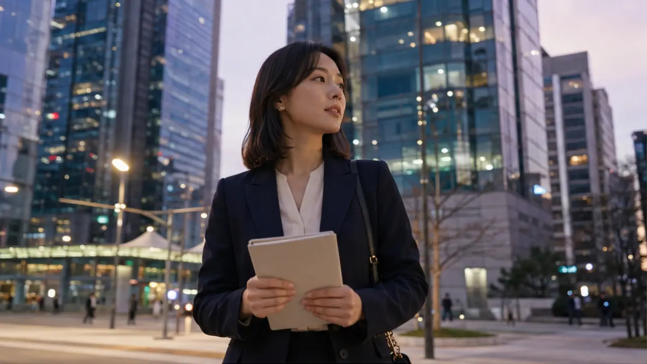 삼성동 테헤란로의 저녁 업무지구에서 전시 자료를 든 로컬 에디터 지우