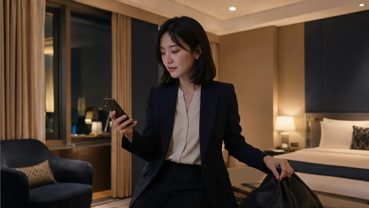 강남 호텔 객실에 도착해 가방을 내려놓고 상담 메시지를 확인하는 로컬 에디터 지우
