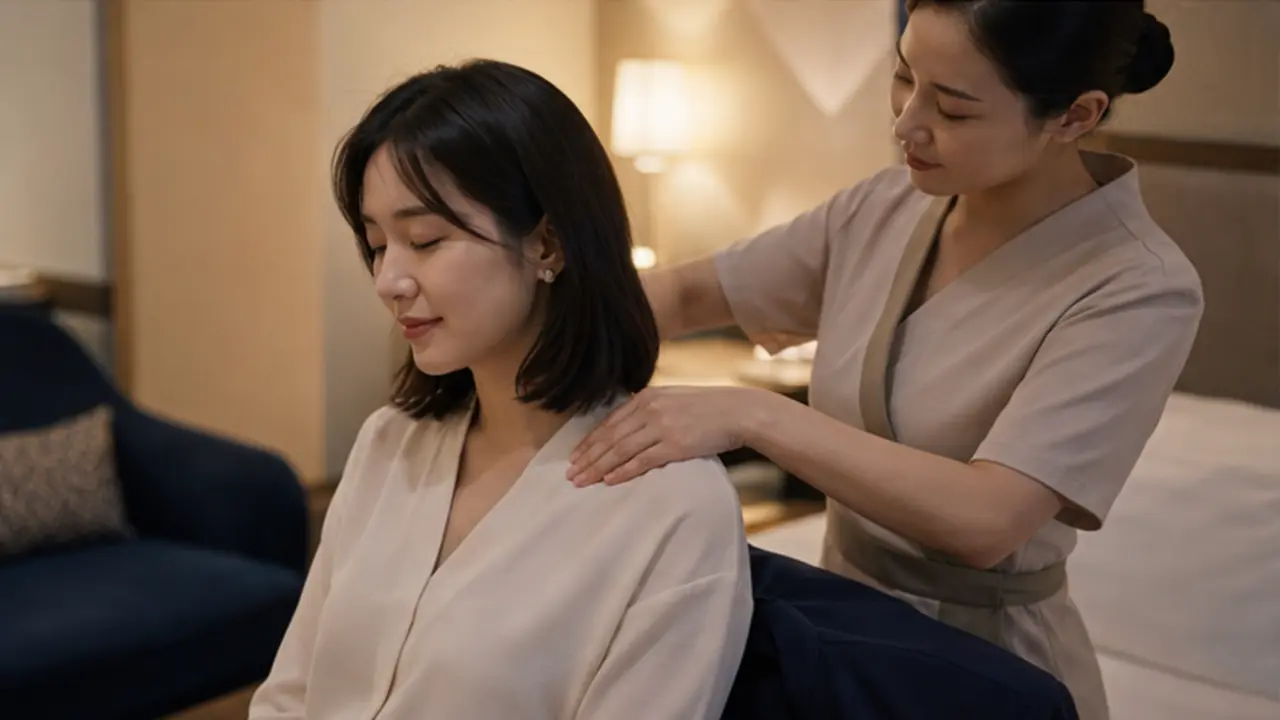 강남 호텔 객실에서 같은 여성 관리사에게 목과 어깨 관리를 받는 로컬 에디터 지우