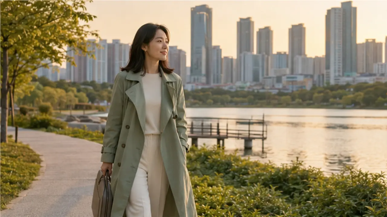 광교호수공원과 신도시 스카이라인을 배경으로 노트북 가방을 든 로컬 에디터 수현