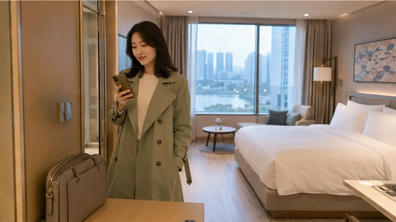 광교 숙소에 도착해 가방을 내려놓고 상담 메시지를 확인하는 로컬 에디터 수현
