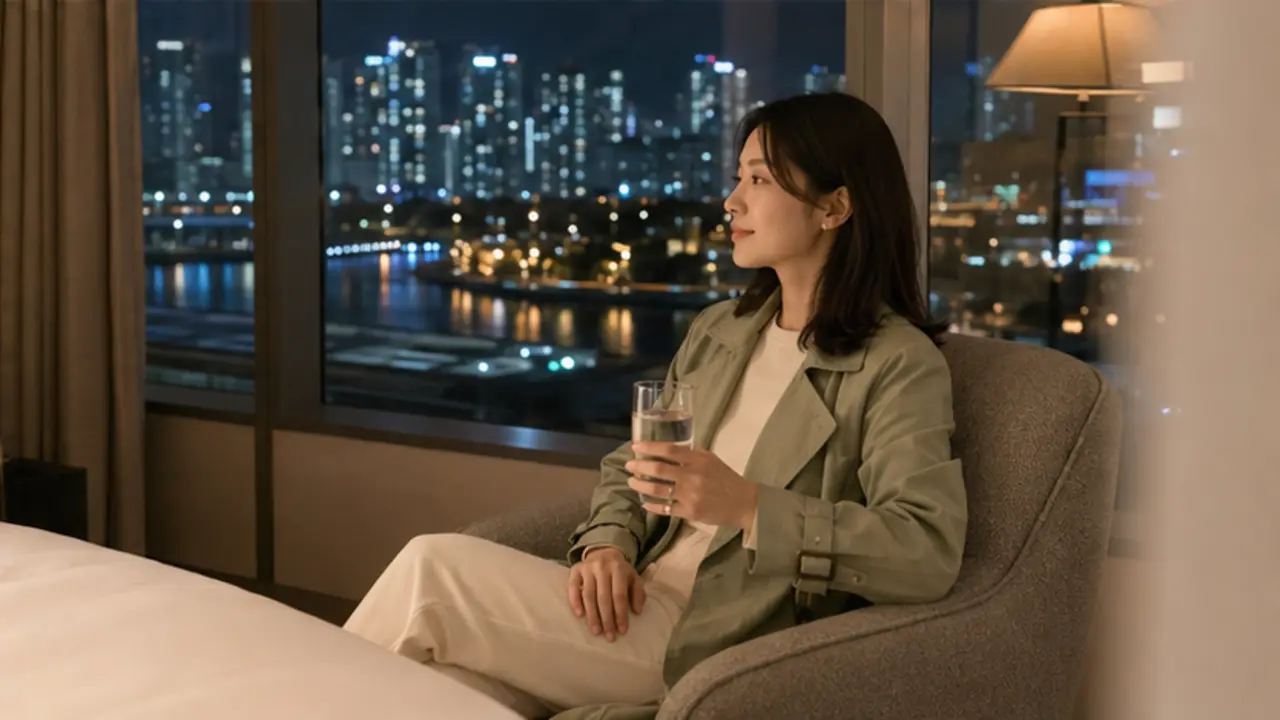 광교 호수도시 야경이 보이는 객실에서 물을 마시며 쉬는 로컬 에디터 수현