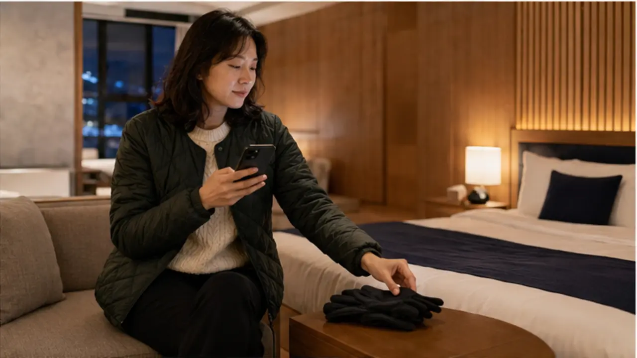 평창 리조트 객실에서 장갑을 내려놓고 상담 메시지를 확인하는 로컬 에디터 예진