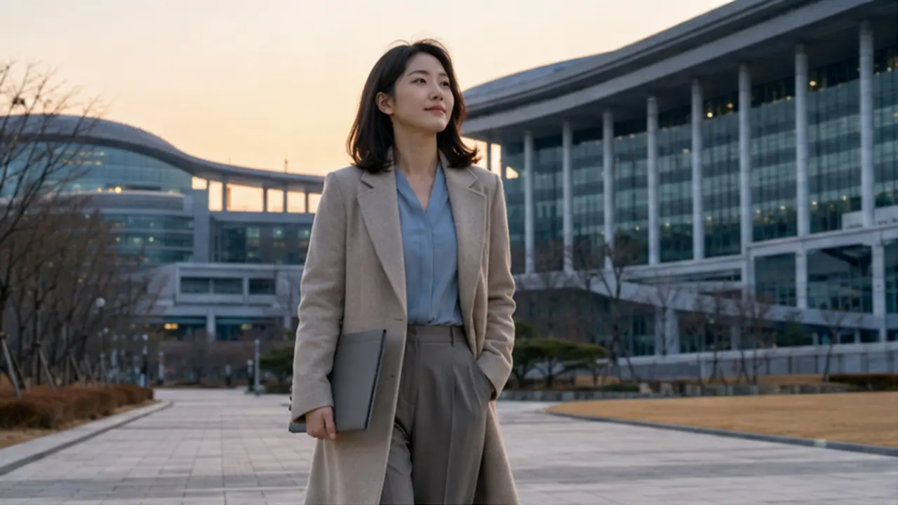 세종 정부청사 인근의 계획도시 풍경에서 문서 폴더를 든 로컬 에디터 나윤