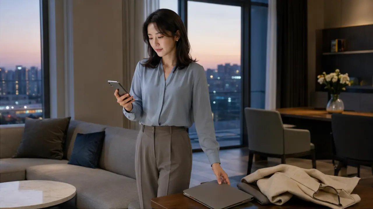나성동 레지던스에 도착해 외투와 문서 폴더를 내려놓고 상담 메시지를 확인하는 로컬 에디터 나윤