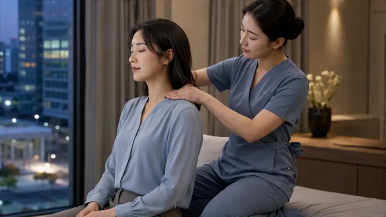나성동 레지던스에서 같은 여성 관리사에게 목과 어깨 관리를 받는 로컬 에디터 나윤
