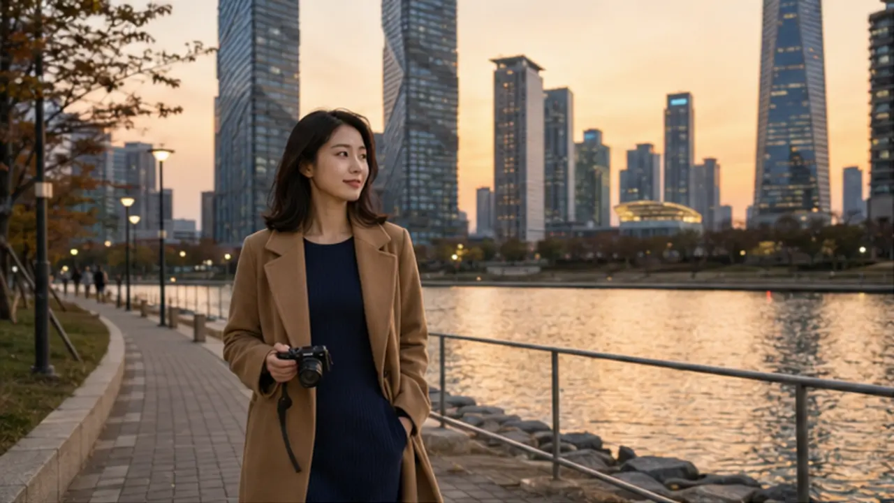 송도 센트럴파크 수변에서 카메라를 든 로컬 에디터 유진
