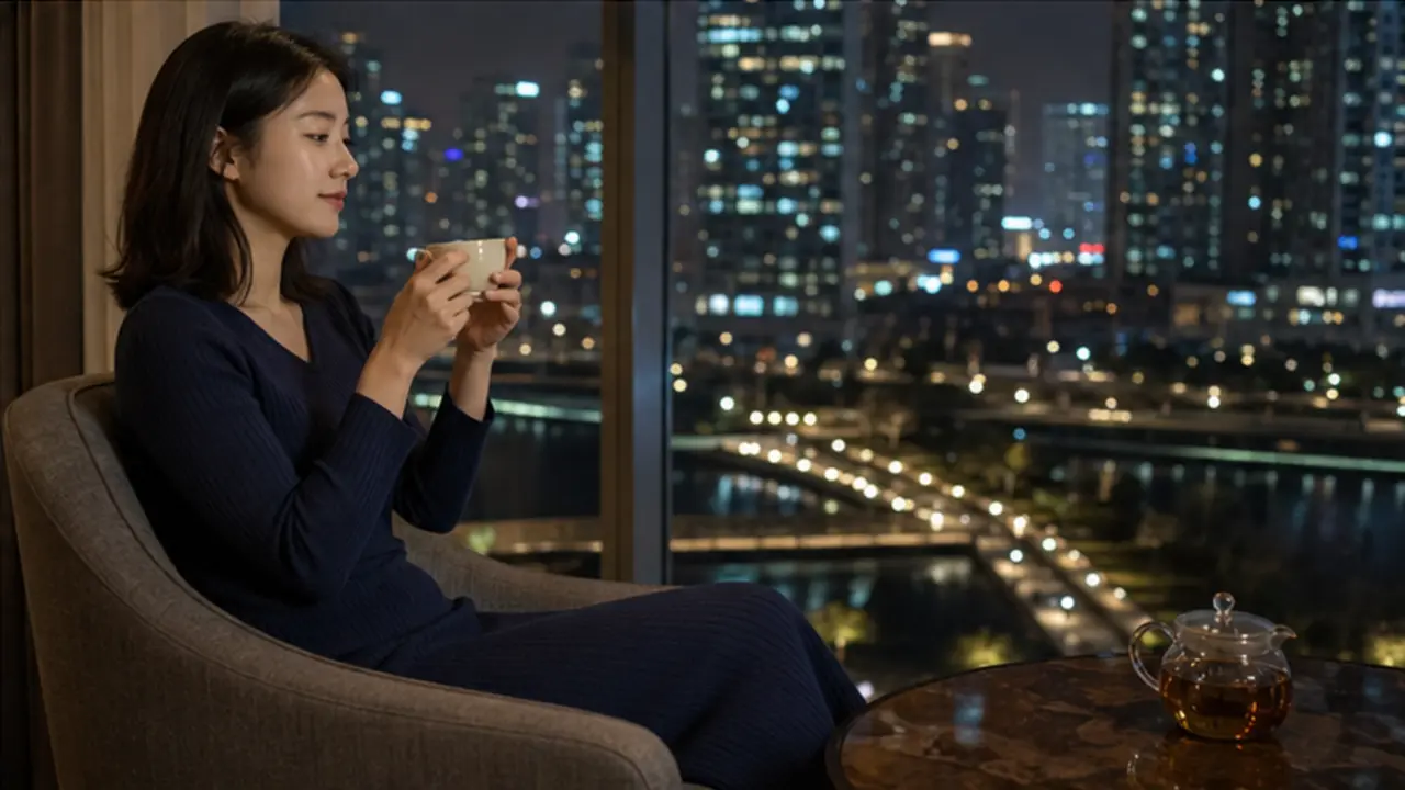 송도 센트럴파크 야경이 보이는 호텔 창가에서 차를 마시는 로컬 에디터 유진