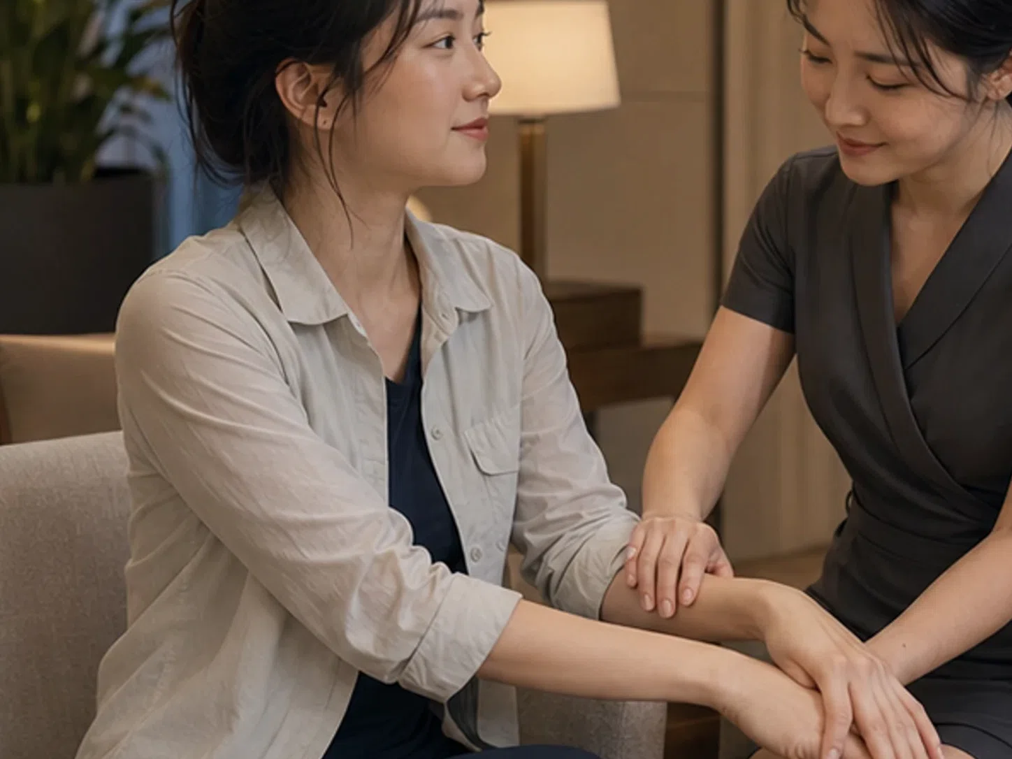 충남 천안의 생활권 분위기와 출장 숙소 이용 상황을 함께 보여 주는 가상 출장마사지 이용후기 장면