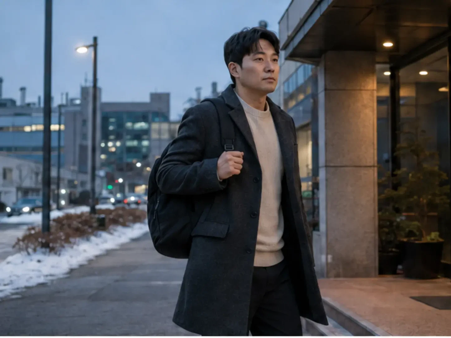2025년 12월의 겨울, 대덕 산업·연구 일정을 마치고 겨울 저녁 출장 숙소로 이동하는 장면의 34세 남성 로컬 에디터 민재