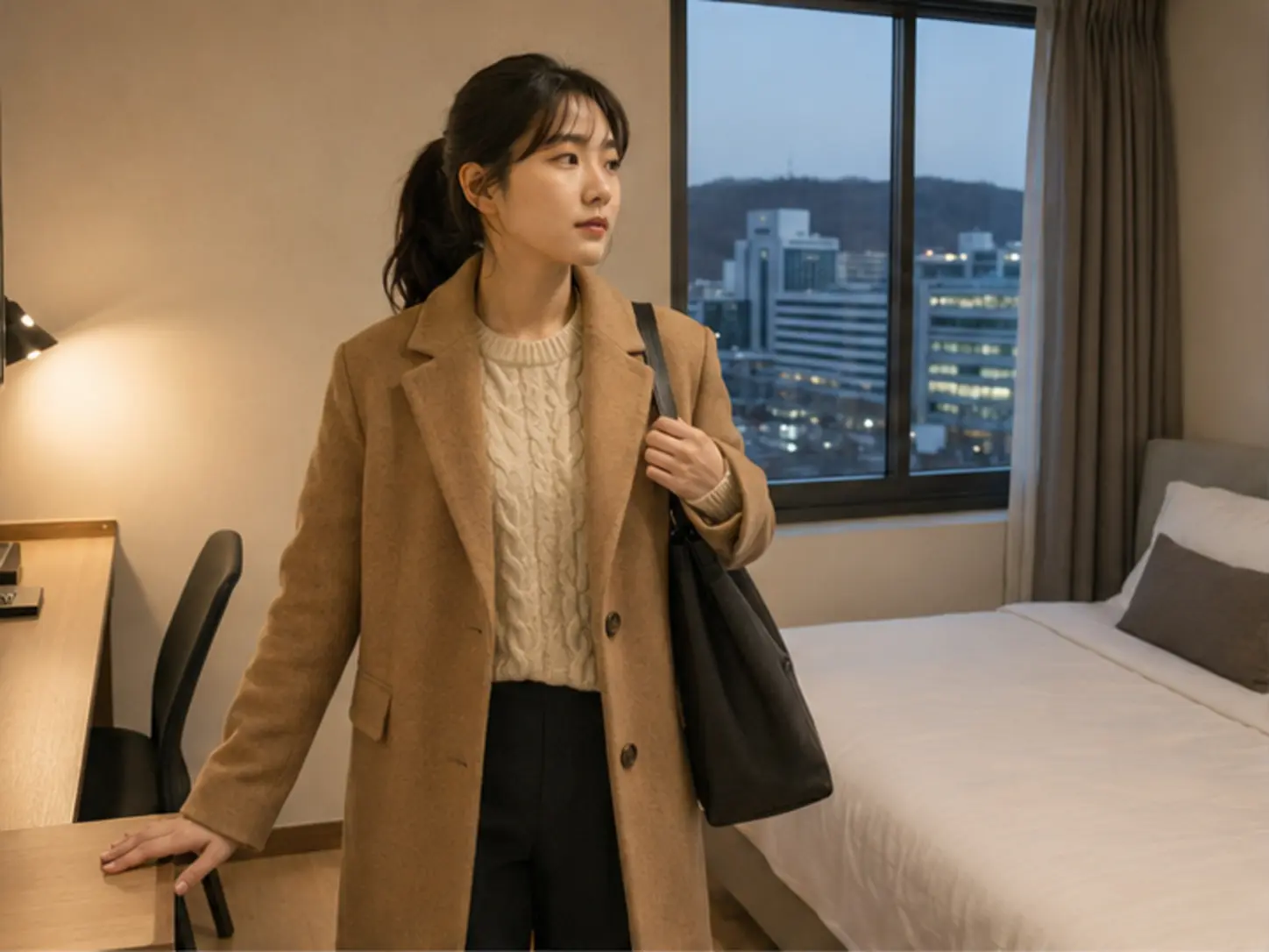 2025년 12월의 겨울, 대덕 출장 숙소에서 실제 주소와 교대 뒤 준비 시간을 확인하는 장면의 25세 여성 로컬 에디터 예림