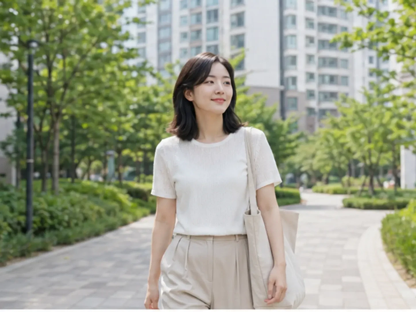 2026년 7월의 여름, 도안 신도시 일정을 마치고 아파트 생활권으로 귀가하는 장면의 25세 여성 로컬 에디터 하윤