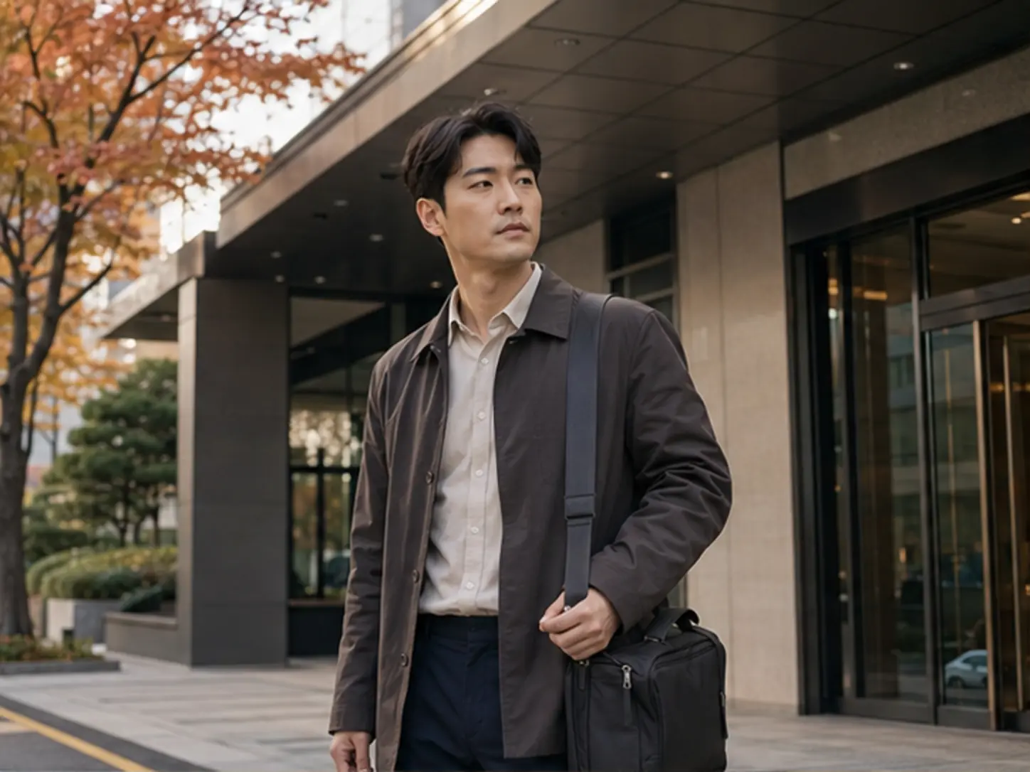 2025년 10월의 가을, 둔산동 호텔 객실에서 정확한 지점과 출입 절차를 확인하는 장면의 31세 남성 로컬 에디터 민석