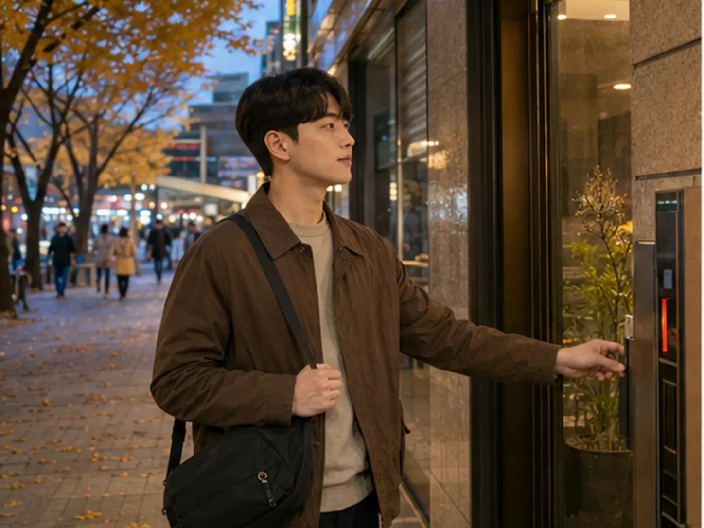 2024년 10월의 가을, 은행동 도심 일정을 마치고 대전역 인근 숙소로 이동하는 장면의 26세 남성 로컬 에디터 준호
